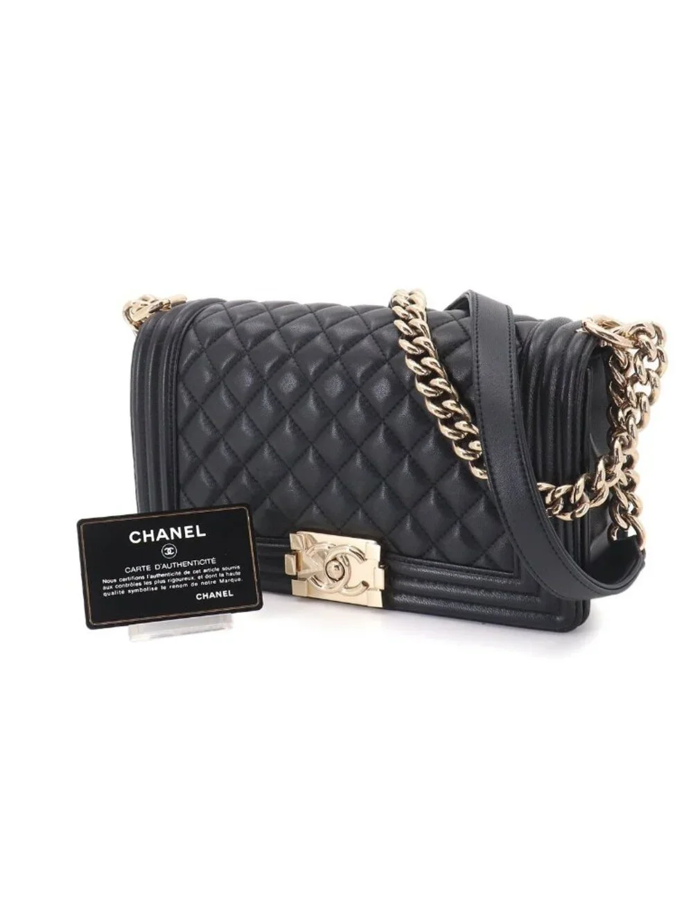 Chanel Boy Chain Shoulder Bag Lambskin Black Gold